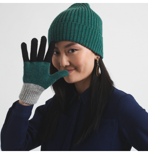 Miss Pompom Grey Colourblock Wool Gloves