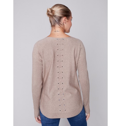 Knit Sweater with Back Lace-up Detail - Truffle