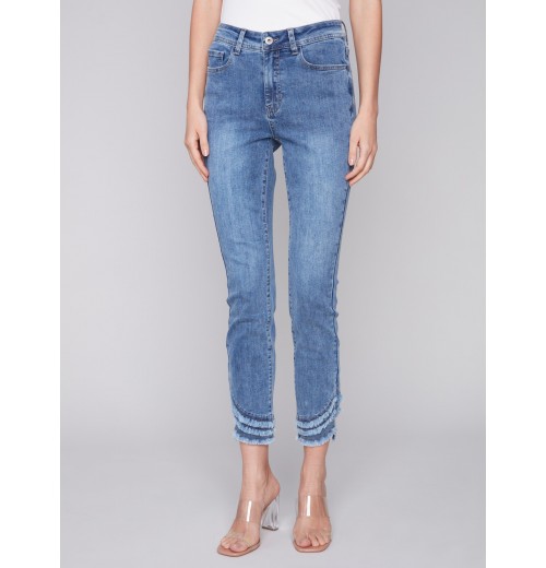 Frayed Hem Denim Pants - Medium Blue