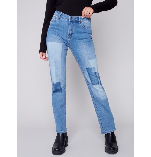 Straight Leg Jeans with Trompe L'Oeil Patch Detail - Medium Blue