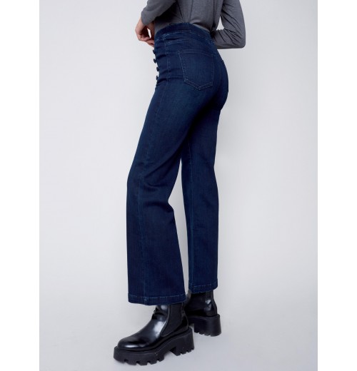 Flare Pull-on Jeans with Decorative Buttons - Blue Black