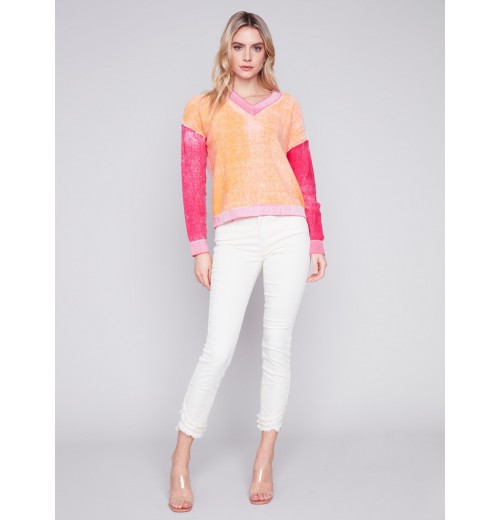 Color Block Cotton Sweater - Tangerine