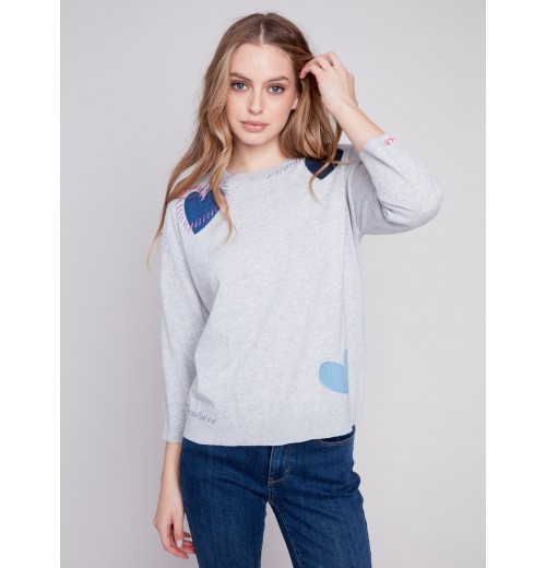 Cotton Sweater with Heart Patches - Grey