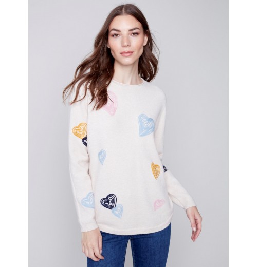 Embroidered Hearts Sweater - Ecru