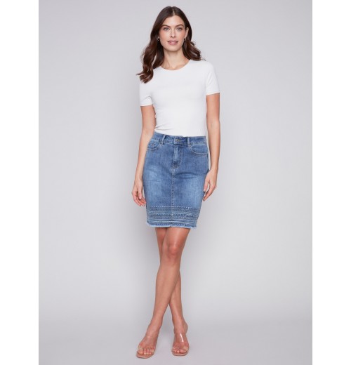 Embroidered Hem Denim Skort - Medium Blue