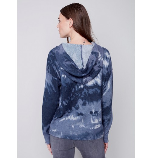 Hooded Sweater with Graffiti Print - Denim