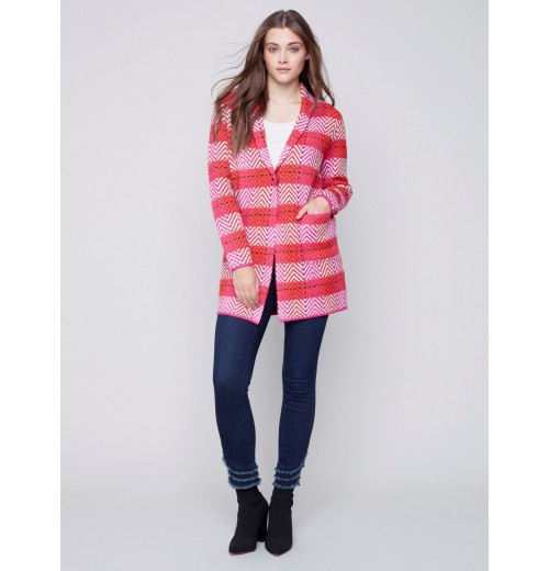 Long Plaid Cardigan with Shawl Collar - Orchid