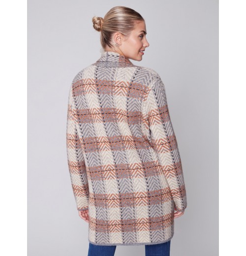 Long Plaid Cardigan with Shawl Collar - Truffle