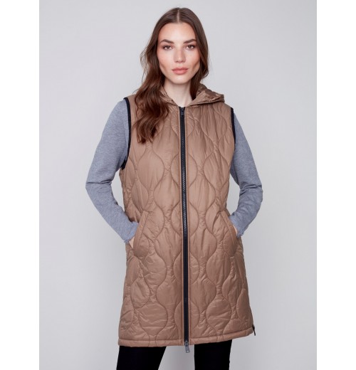 Long Quilted Puffer Vest with Hood - Truffle