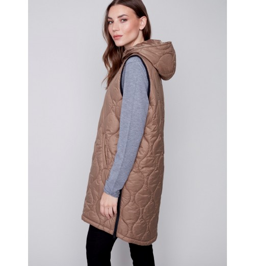 Long Quilted Puffer Vest with Hood - Truffle