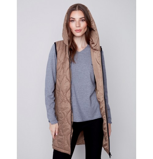 Long Quilted Puffer Vest with Hood - Truffle