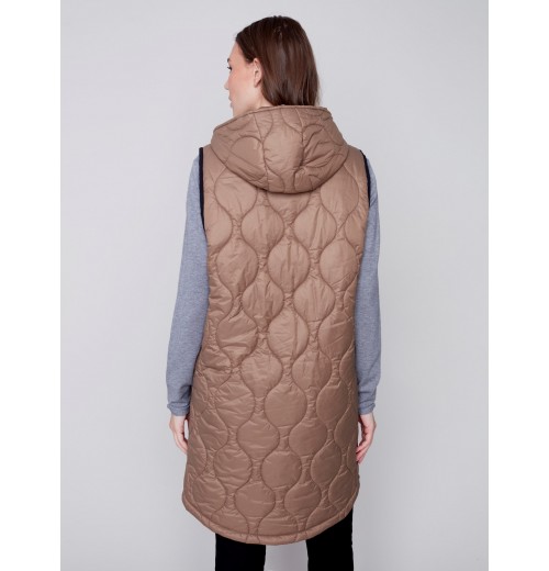 Long Quilted Puffer Vest with Hood - Truffle