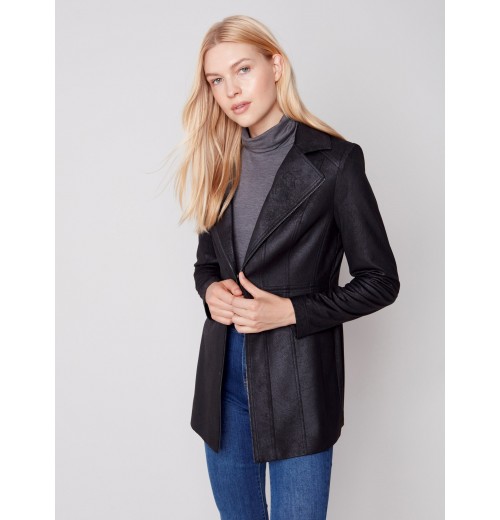 Long Vintage Faux Suede Jacket - Black