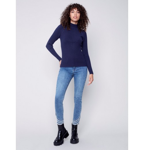 Mock Neck Rib Sweater - Navy