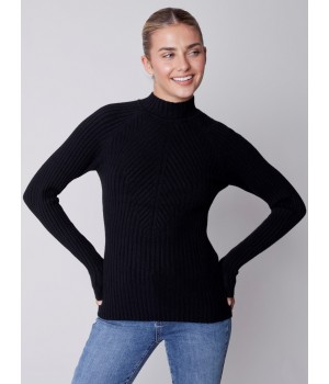 Mock Neck Rib Sweater - Black