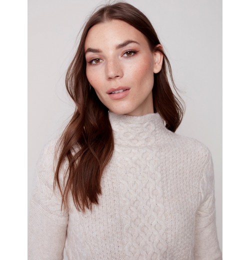 Mock Neck Sweater with Honeycomb Stitch - Almond