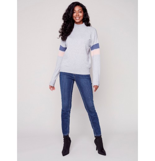 Mock Neck Sweater with Smiley Stitching - Gray