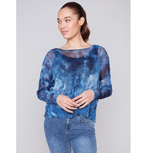 Printed Crinkle Mesh Top - Denim