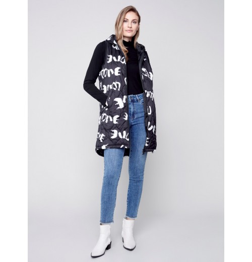 Printed Long Quilted Puffer Vest with Hood - Black & Cream