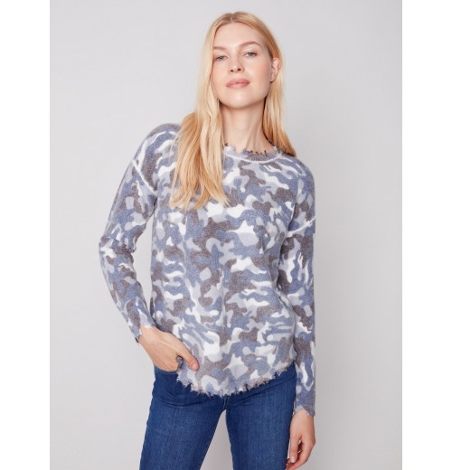 Reversible Printed Sweater with Frayed Edge - Denim