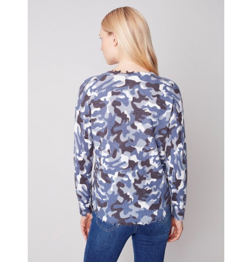 Reversible Printed Sweater with Frayed Edge - Denim