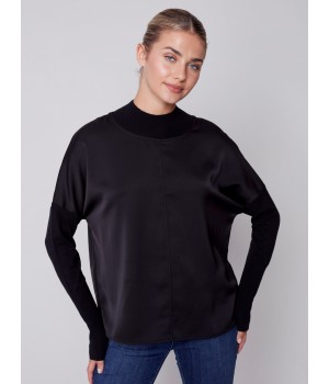 Satin Knit Top with Mock Neck - Black