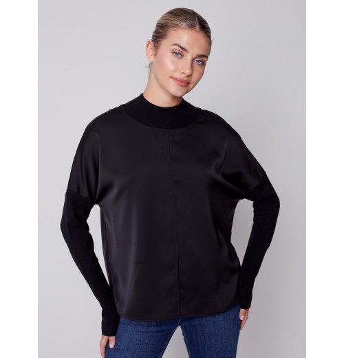 Satin Knit Top with Mock Neck - Black