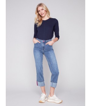 Straight Leg Jeans with Folded Cuff - Medium Blue