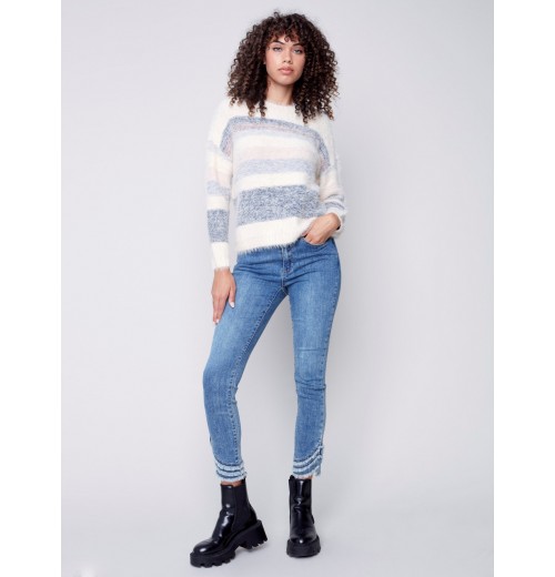 Striped Hairy Yarn Sweater - Multicolor