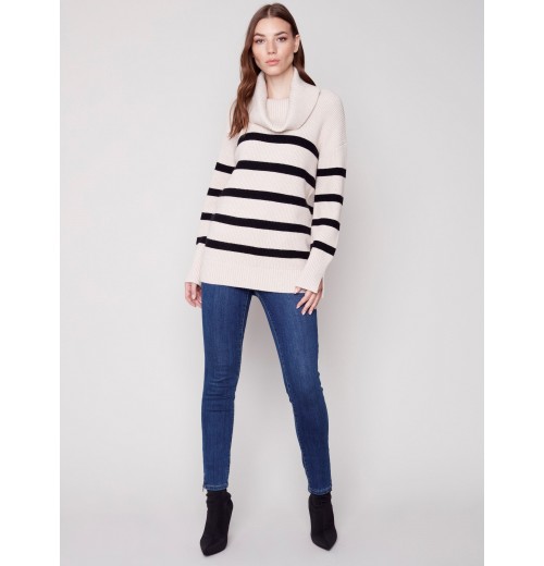 Striped Sweater with Cowl Neck - Almond