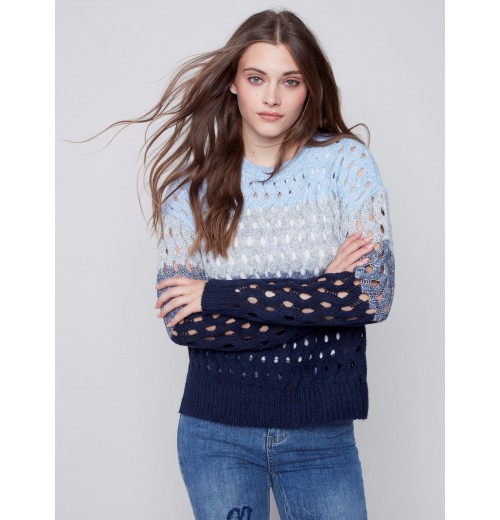 Striped Net Stitch Sweater - Indigo