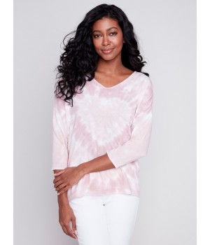 Tie Dye V-Neck Knit Top - Dusty Rose