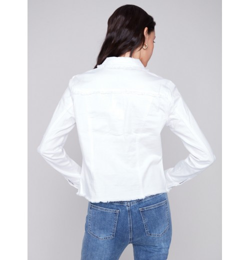 Twill Jean Jacket with Frayed Edges - White