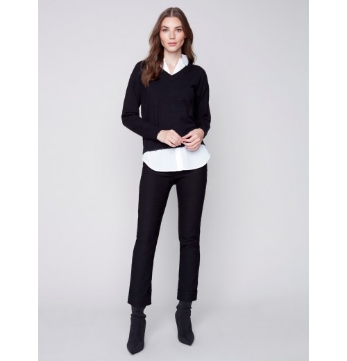 V-Neck Sweater with Shirt Collar - Black